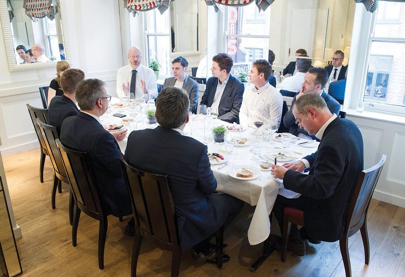 (left to right) Ronnie Mills, Friedrich Ludewig, James Baker, Alan Shingler, Nigel Headford and Nigel Ostime facing Simon Appleby, Tim Partington and Tom Murphy.