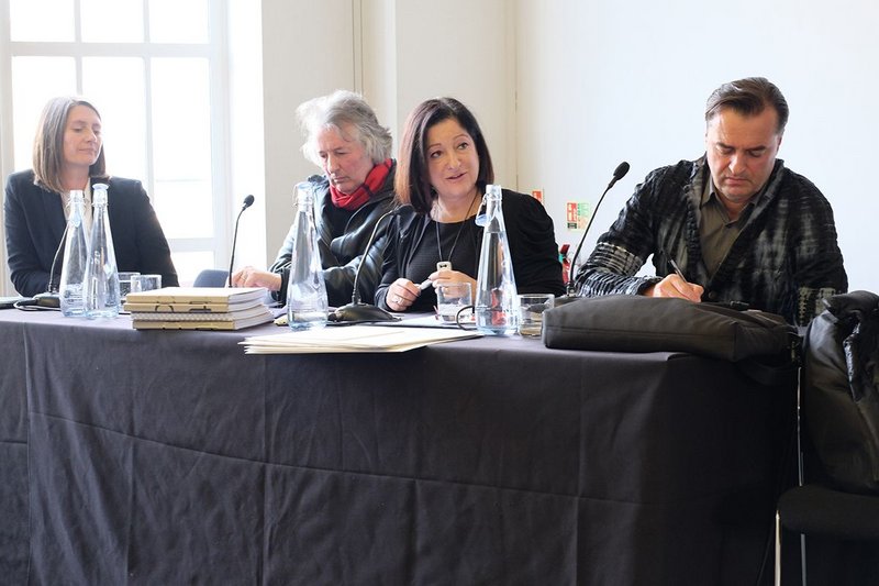 The jury panel from left Peg Rawes, David Gloster and chair RIBA President Jane Duncan and Patrick Schumacher.