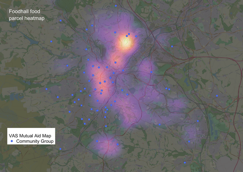 Community groups and food need unfortunately don’t always match as this map as demonstrated on this map of community groups laid over heat map of food parcel deliveries in Sheffield. Credit: Maps drawn by Jake Sutcliffe from the Foodhall team, with data gathered from Jonny Davey and Ed Crisp. Community group data from the Voluntary Action Sheffield open source maps by Martin Fox.