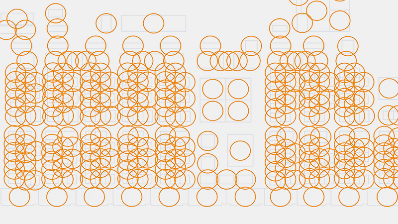 An open-plan office layout in ReRun - without social distancing buffers applied.