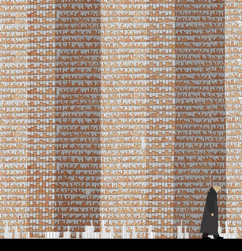 Market hall north elevation. The concertina wall is created with paint-dipped bricks and steel.