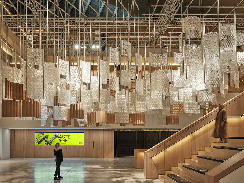 Aurora, an installation showcasing the use of bioplastic Polylactic Acid, created by Arthur Mamou-Mani and the Dassault Systèmes Design Studio. The installation is part of the exhibition Waste Age: What can design do? at the Design Museum.