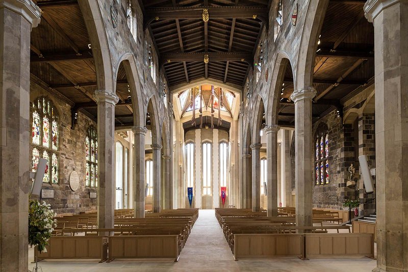 Looking back from the altar towards Bailey's western end and lantern. New floor, new moveable furniture by Thomas Ford and Partners.