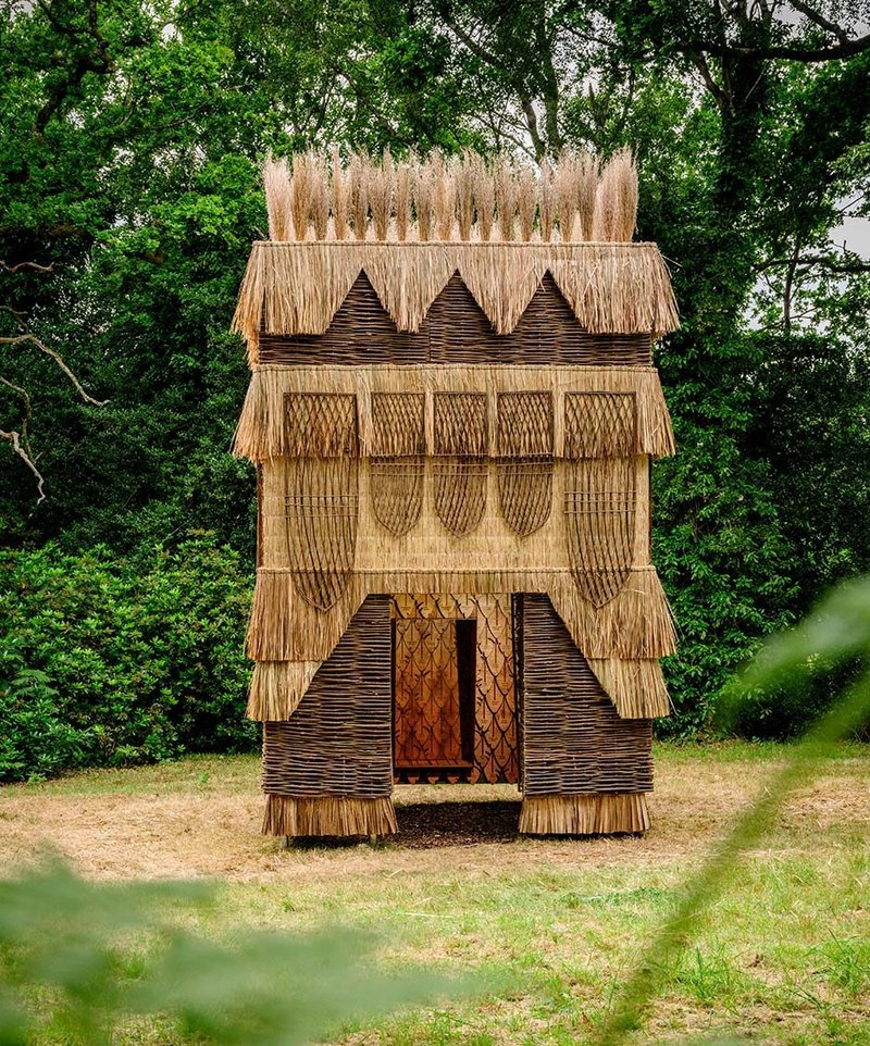 The False Banana Pavilion, designed by FleaFollyArchitects, part of the Nourish artwork series at Wakehurst.