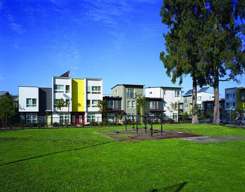 Tassafaronga townhouses in Oakland (with David Baker Architects) include affordable housing, green pathways, pocket parks, and open spaces. Homes are certified to LEED Platinum standard.