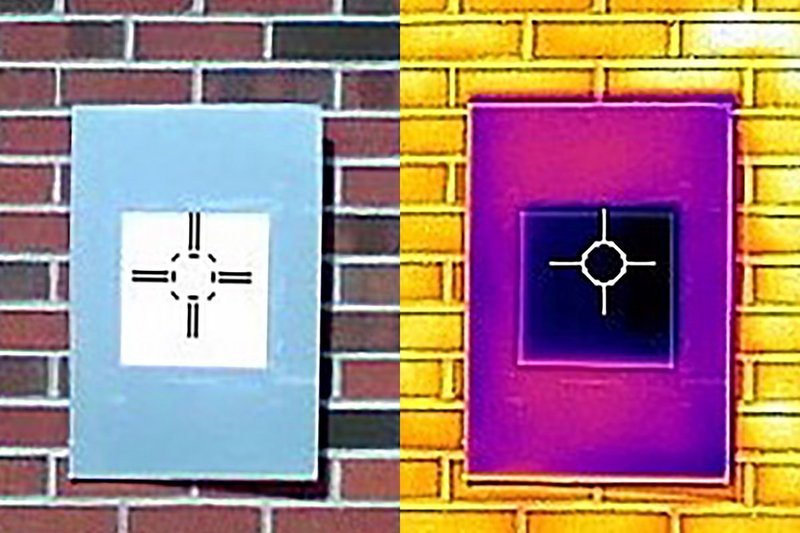 An infrared camera shows how a sample of the whitest white paint (the dark purple square in the middle) actually cools the board below ambient temperature, something that not even commercial 'heat rejecting' paints do.