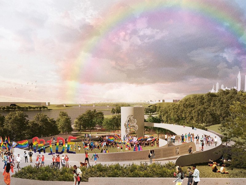 Competition winning scheme for the National Monument, Thunderhead 2SLGBTQI+ designed by Public City, with Shawna Dempsey, Lorri Millan and Albert McLeod in Ottawa, Ontario, Canada. It is part of a reconciliation project around the discriminatory practices that persisted beyond Canada’s decriminalisation of homosexuality in 1969. With education and performance spaces it has an imposing columnar form cut away to reveal a glowing interior that rises like a cumulonimbus cloud. The interior is covered in glass mosaic tiles like a disco ball. It is due to complete in 2025.