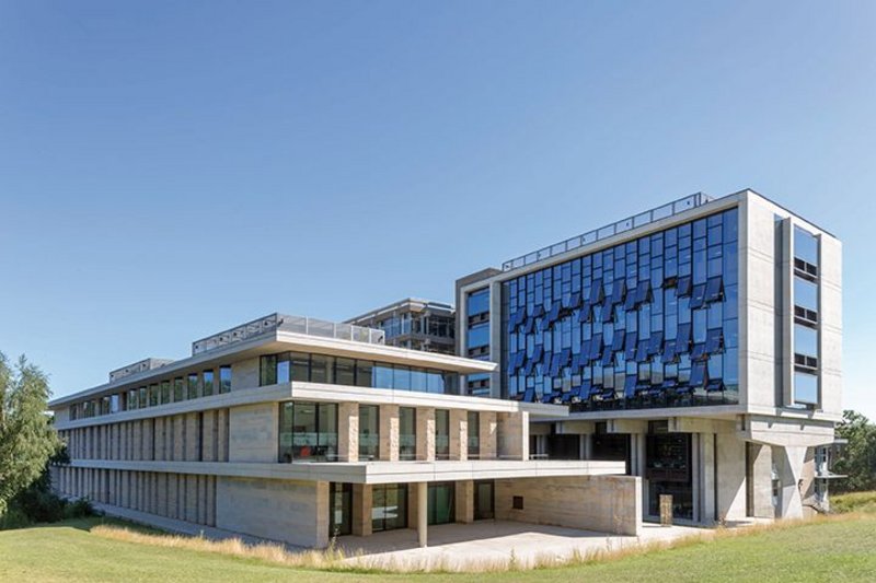 The Albert Sloman Library extension and Silberrad Student Centre looking east: concrete expression in keeping with Kenneth Capon's original brutalist aesthetic