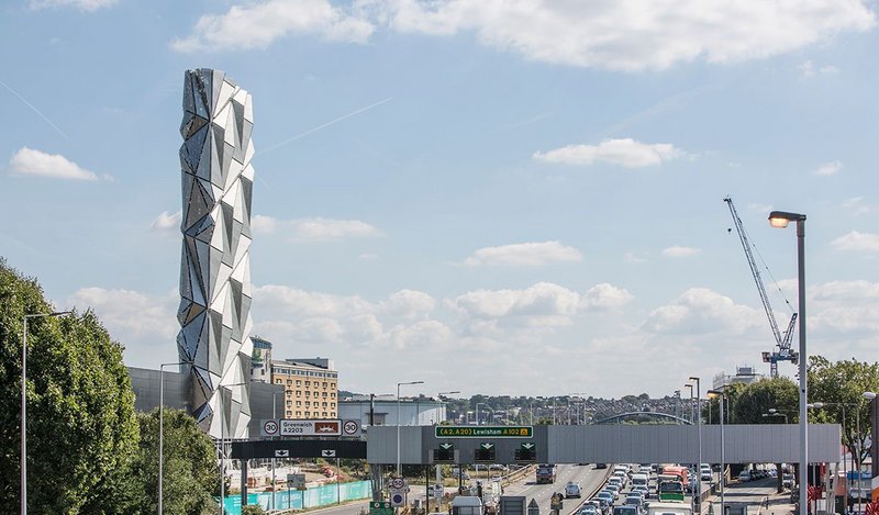 The Optic Cloak, an architectural intervention by artist Conrad Shawcross, forms the chimney of the low carbon Energy Centre on Greenwich Peninsula, designed by CF Møller.