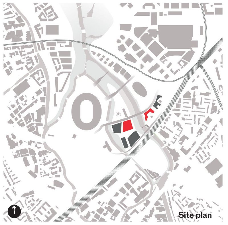 Site plan The new building will form part of a cluster of four academic campus buildings.