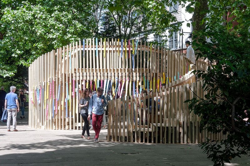 As-built in summer 2017, the ribbon-bedecked pavilion/bridge became a social rendezvous.