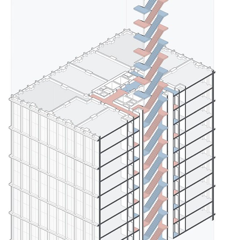 How the staircases interlock on plans for Regent Park in Salford. The scheme, for Henley Investment Management, has seven towers – the tallest at 70 storeys – and is due to be submitted later this year.