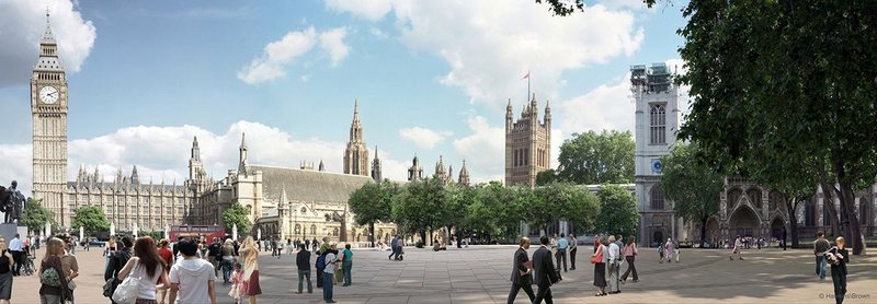 Hawkins\Brown’s Parliament Square redesign proposal for Transport for London. Russell Brown proposes retaining the Palace of Westminster as a tourist attraction but siting parliament elsewhere. ‘Democracy is about access,’ he says.