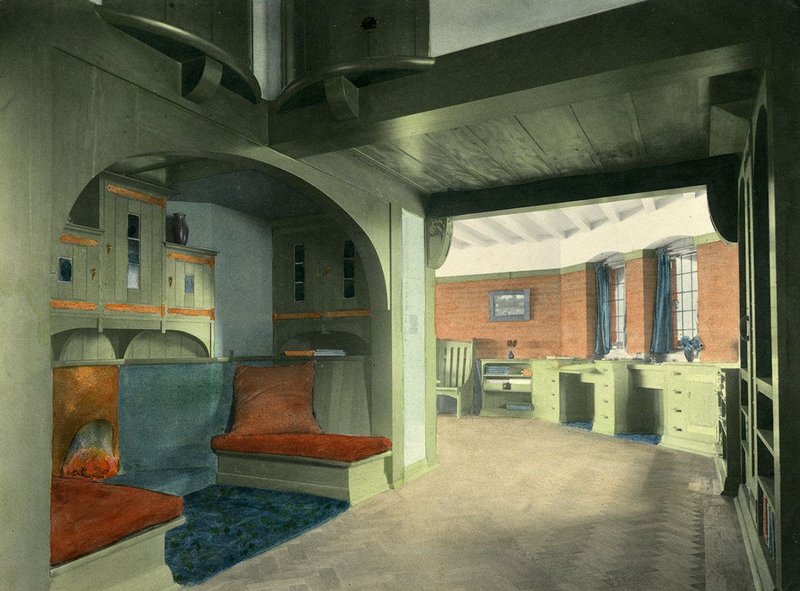 Barry Parker (1867-1947). Coloured photograph: The interior at Hilltop, a house in Caterham, c 1909. Courtesy of the Garden City Collection. From Barry Parker: Architecture for All at the Broadway Gallery in Letchworth.