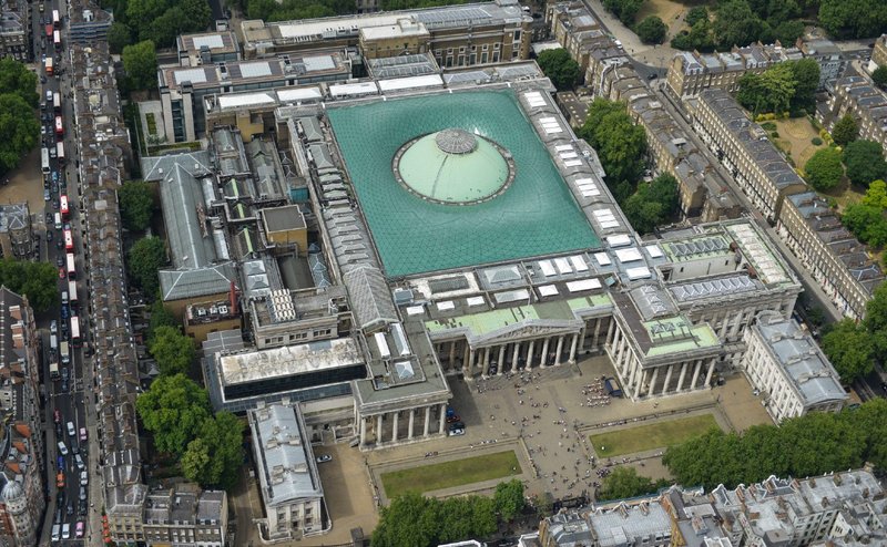 Aerial shot of the British Museum looking north, with the Western Range on the left.