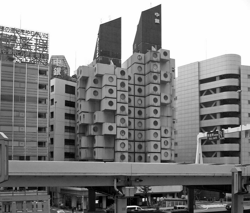 Kisho Kurokawa’s Nakagin Capsule Tower, Tokyo, 2013. The 1972 building is a testing ground for demolition or rehabilitation.