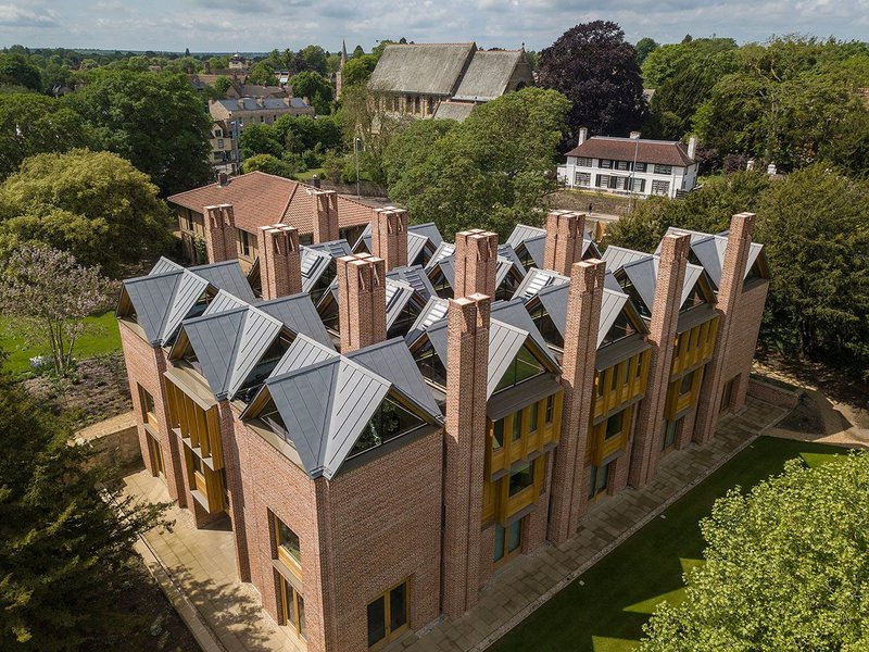 VM Zinc Quartz-Zinc standing seam roof at the Stirling Prize winning Magdalane College library, Cambridge. Niall McLaughlin Architects.