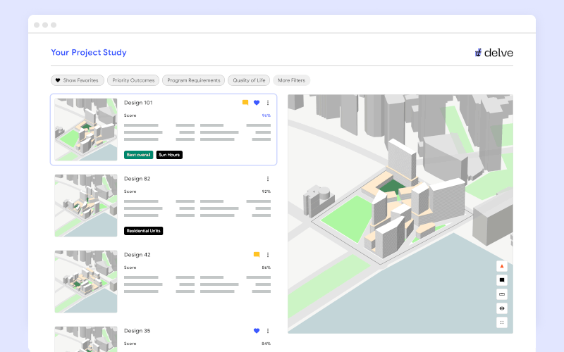 The Delve tool explores millions of design possibilities for a project before spitting out a set of optimal solutions. Credit: Sidewalk Labs