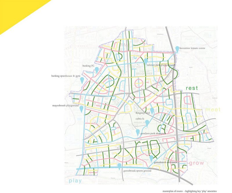 Masterplan by nimtim architects mapping rest, meet, grow and play routes through Becontree.