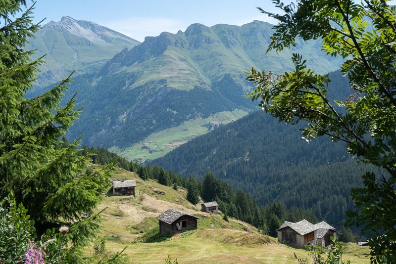 Traditional huts scattered across the mountain pastures.