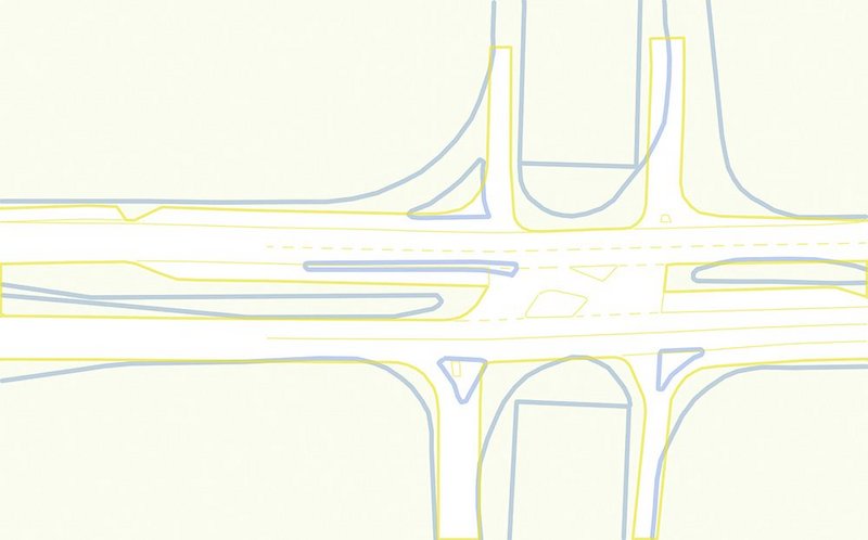 The lines that would have to be redrawn to make it work (blue for existing kerbs, yellow for proposed).