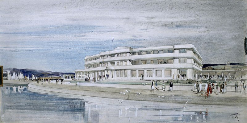 Oliver Hill’s design for the Midland Hotel, Morecambe, 1932 drawing by John Dean Monroe Harvey.
