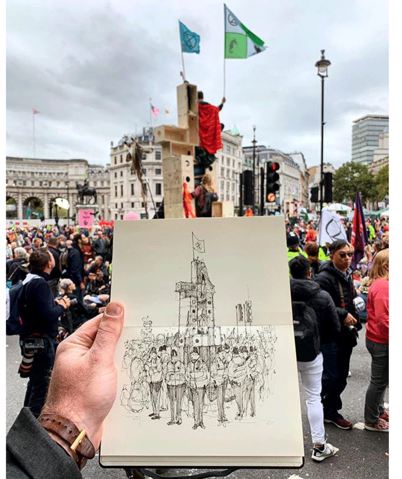 Drawing by Luke Adam Hawker of protest architecture using U-Build, crownfunded and assembled  by participants for the International Rebellion, October 2019.