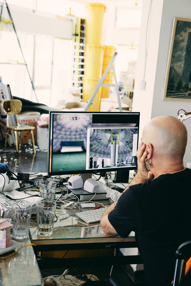Andreas Angelidakis in his studio working on Center for the Critical Appreciation of Antiquity, 2022. Commissioned by Audemars Piguet Contemporary.