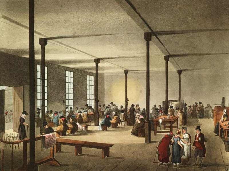 The women's common room at St James's workhouse, Westminster, London as drawn by Augustus Charles Pugin in 1809.