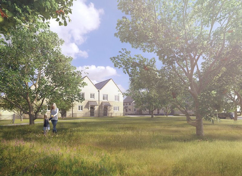 Exterior CGI of orchard and housing at Elmsbrook by Fabrica.