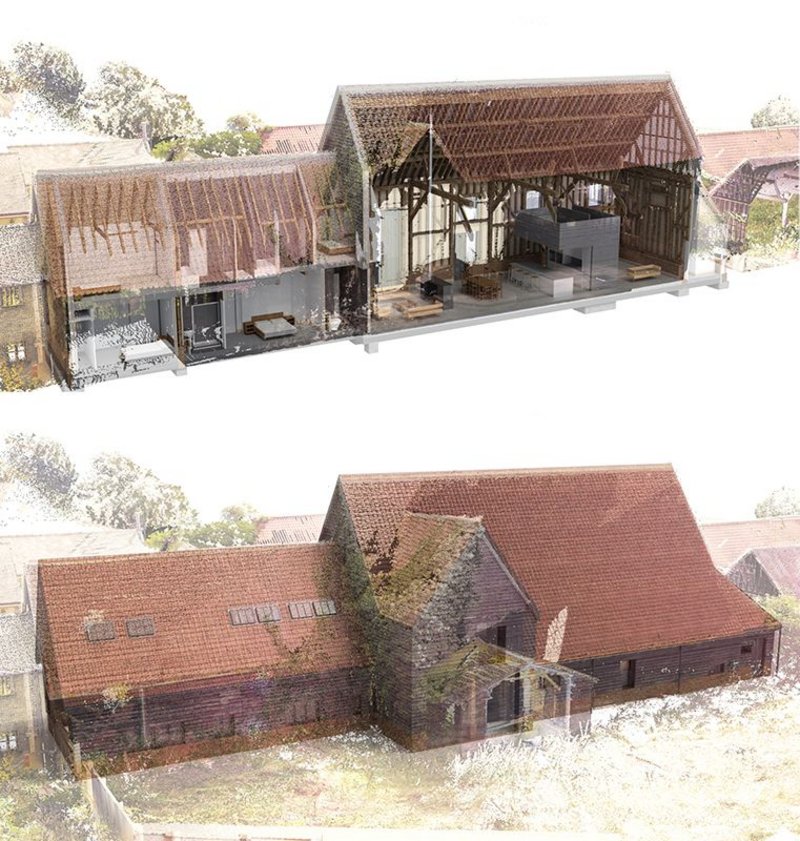 This point cloud survey of the existing building was developed using laser scans (above) is set against proposals.