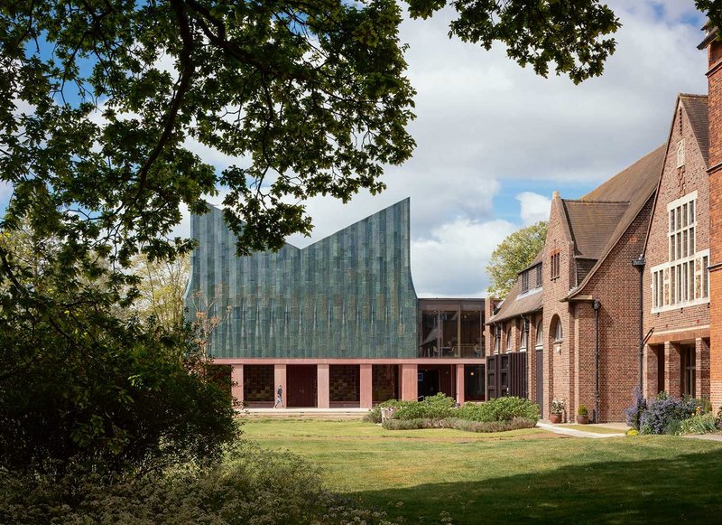 A plinth of 50 per cent GGBS concrete links the east elevation to the buttery.