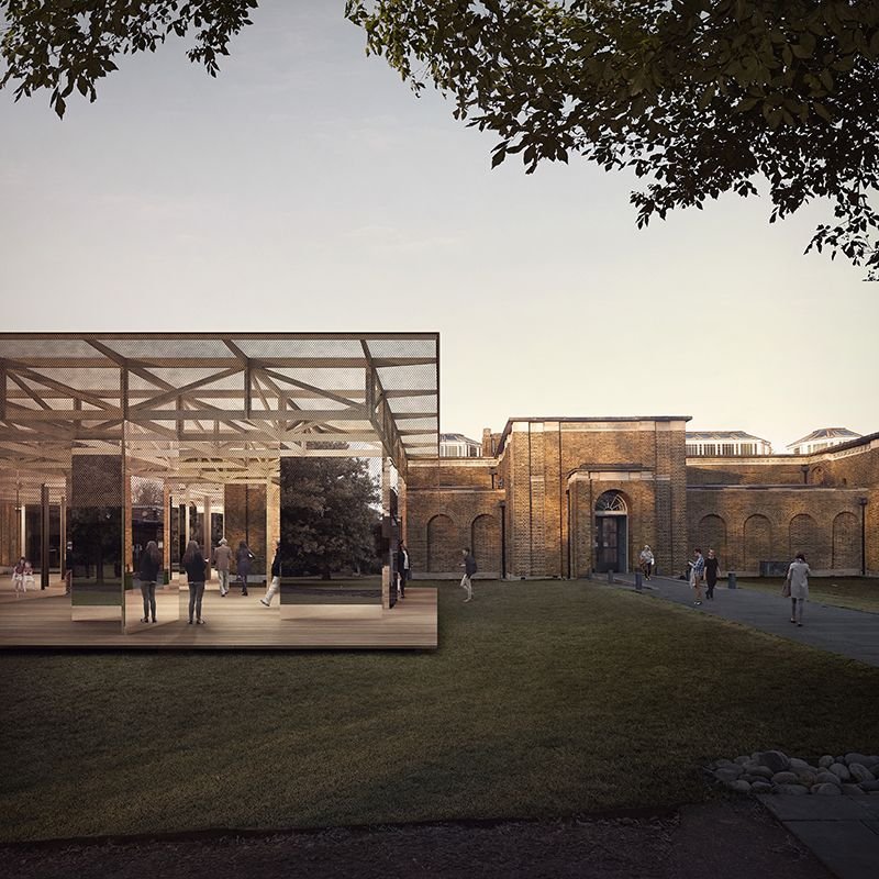 IF_DO's pavilion of timber, mesh and mirrored panels in front of the Soane-designed Dulwich Picture Gallery.