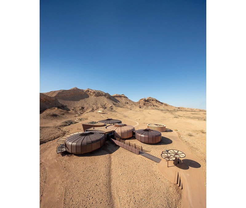 Aerial photo of Buhais Geology Park Interpretive Centre by Hopkins Architects. Photo: Marc Goodwin.