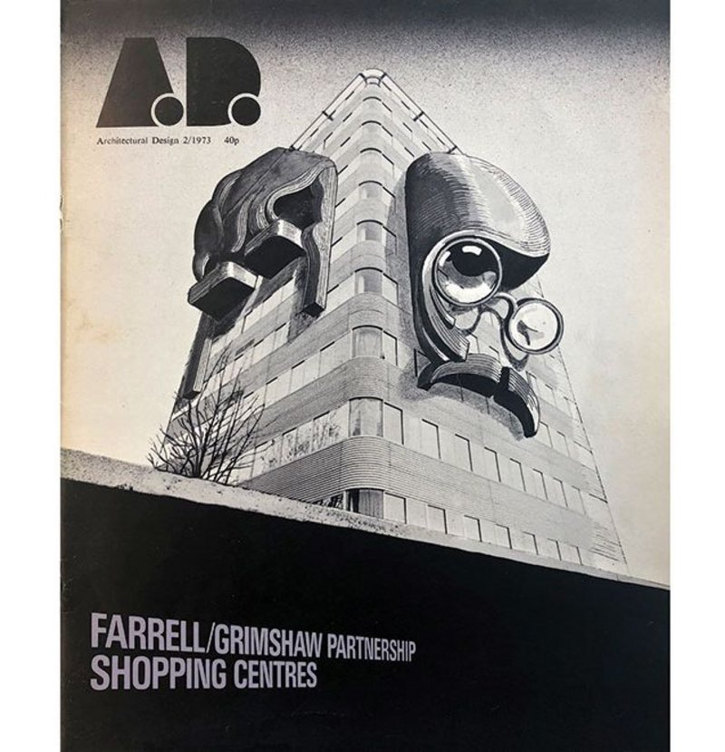 1973 Architectural Design magazine featuring Farrell / Grimshaw Partnership. The cover shows portraits by Adrian George of Terry Farrell and Nicholas Grimshaw on the facade of their project, and home, 125 Park Road in London.