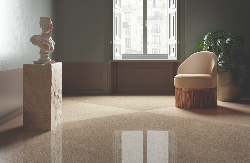 Classic good looks: Fiandre Architectural Surfaces' Il Veneziano porcelain floor surfaces in Seminato Beige and Seminato Miele, Natural and Polished finishes.