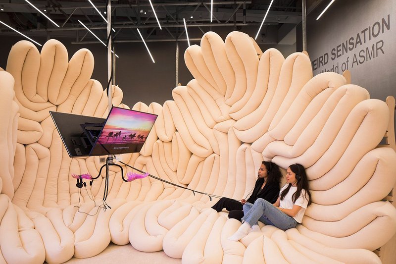Pillowy seating at ASMR Arena, the centrepiece of Weird Sensations Feels Good: The World of ASMR, an exhibition at the Design Museum. Photo: