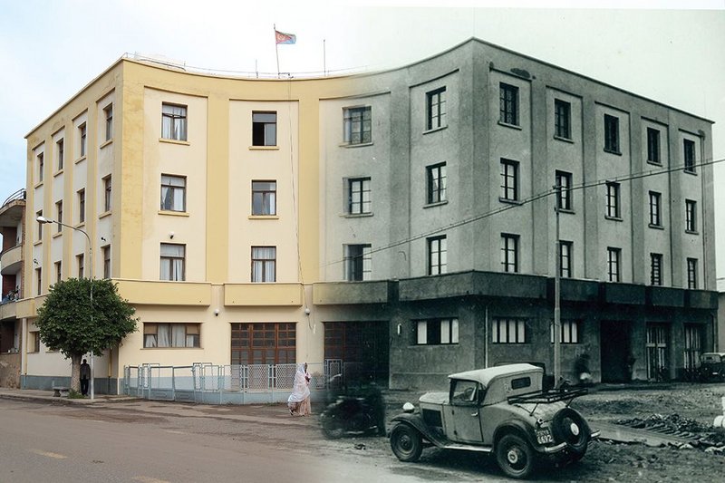 Combination of past and present to convey the life of a building in Asmara over time here at the Ministry of Health (2014), formerly the city’s police headquarters (1938)