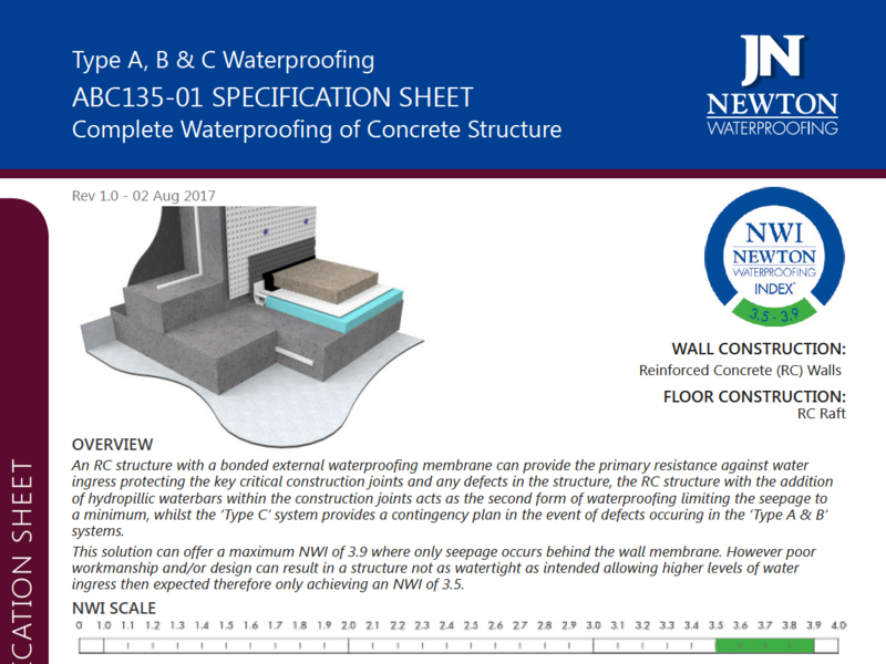 Specification sheets such as this one act as a complete resource for each waterproofing design. The index score also indicates the effectiveness of the design.