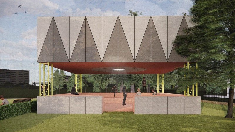 Fieldwork Architects’ bandstand pavilion with the contrasting triangles of chalk and graphite Equitone fibre cement panels with engraved panels at the base.