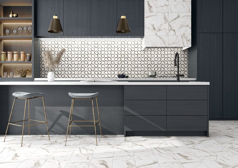 Deco Capri 2 tile by Ceracasa: a black and white geometric partner to marble.
