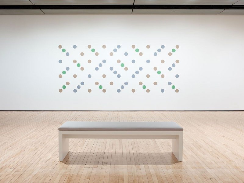 Installation view of Bridget Riley, Untitled (Measure for Measure Wall Painting), 2017 at Hayward Gallery 2019 © Bridget Riley 2019. Photo: Stephen White & Co.