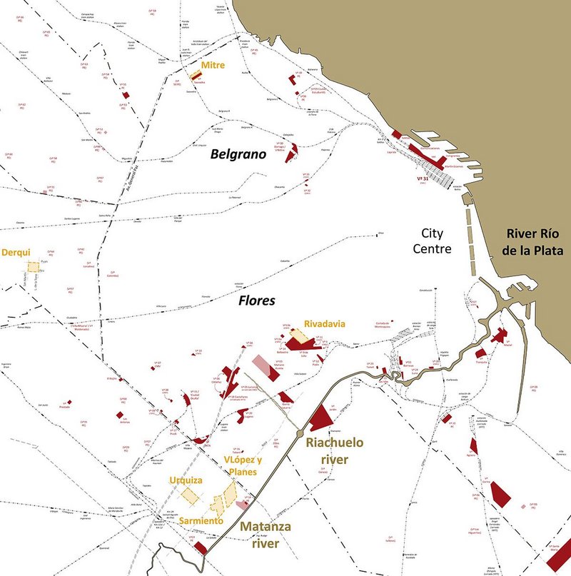 Shantytowns in Buenos Aires by the mid-1950s. The red tracing indicates the location and boundaries of the shantytowns. The yellow dotted lines indicate the neighbourhoods built as part of the Plan de Emergencia.