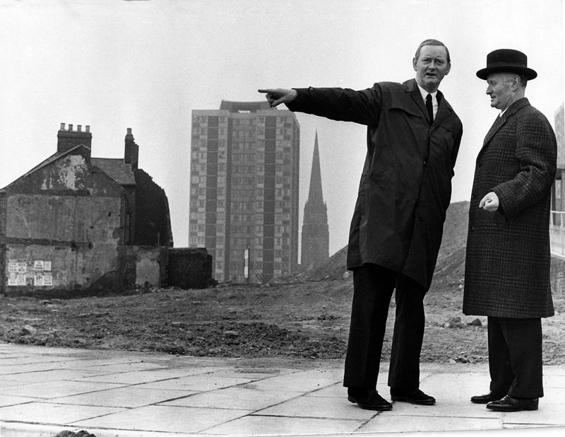 Politician T Dan Smith in Cruddas Park, west end of Newcastle, 1960s.