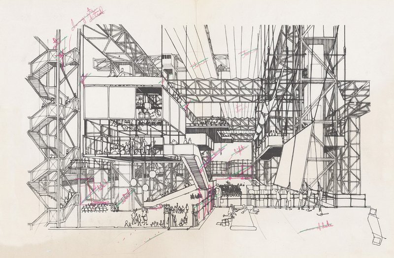 Cedric Price. Fun Palace: interior perspective 1960-64. Pink and green pencil on reprographic copy 26.67 x 40.4cm.