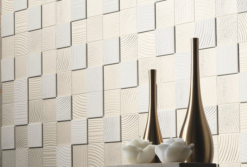 Ecocarat tiles have a surface structure that changes the humidity of indoor environments. Shown here in Pearl Mask 2.