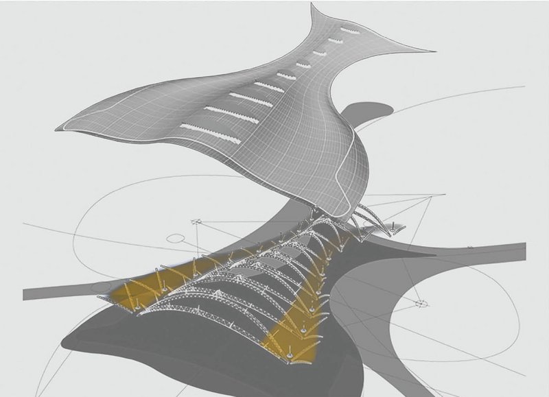 The 3D model of the central processor roof form shows its large span welded steel mega-arches, with smaller steels springing up to support the perimeter cantilevers, which act as solar shading to the glazed facade.