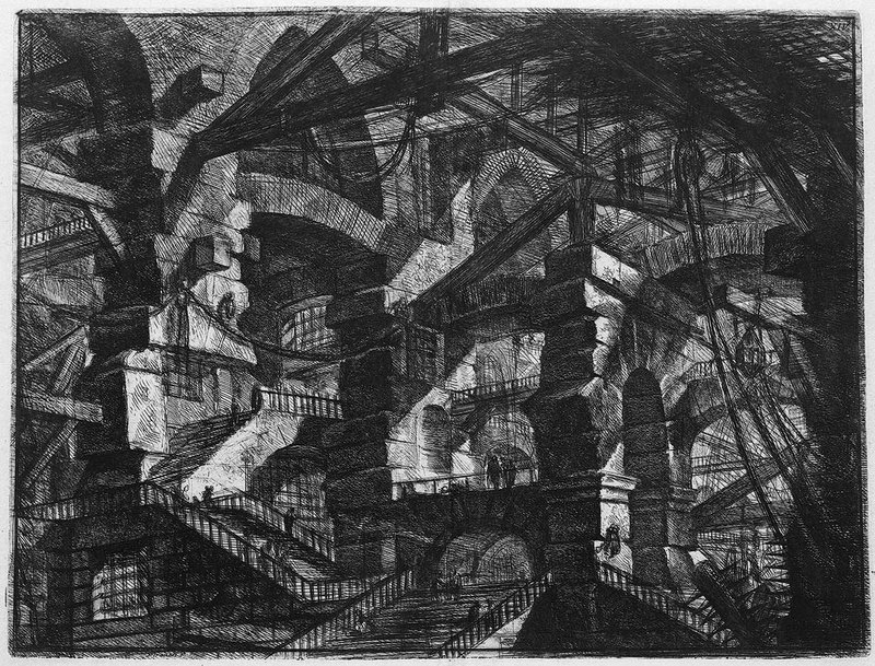 Piranesi’s carceri d’invenzione – imaginary prisons – depict labyrinthine subterranean structures, whose claustrophobic intensity is not allayed by their seemingly endless extent.