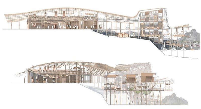 Sections of proposed seasonal fishery incorporating processing, fishermen’s sleeping pods and a restaurant.