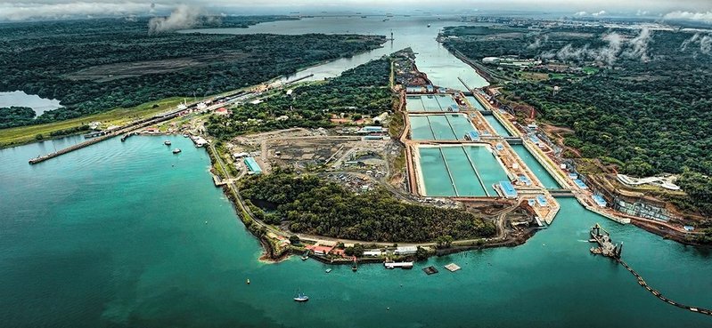 Bird’s-eye view of new Panama Canal extension to right, with its nine water-saving basins. The two older lanes are to the left.